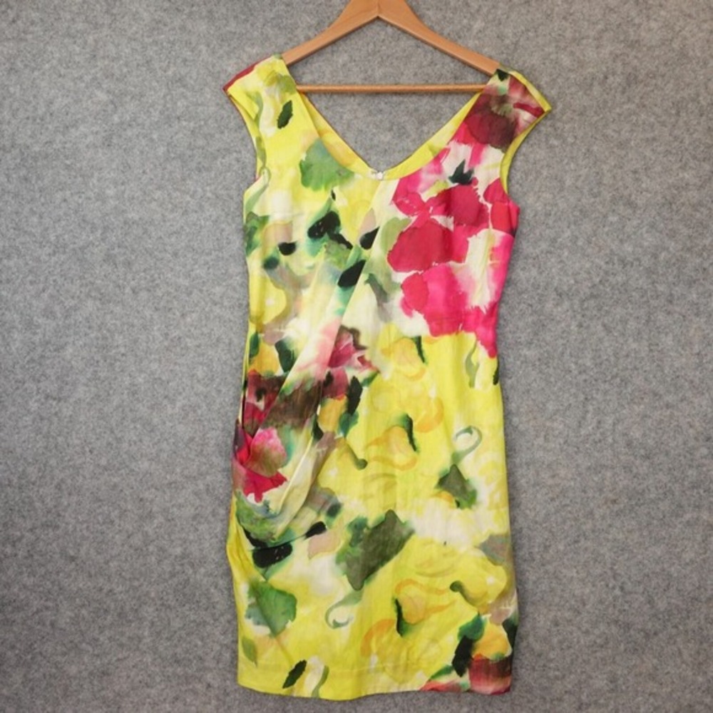 Whimsy Watercolor Floral Silk Dress 4 Yellow Bias Drape Summer Party JODI ARNOLD